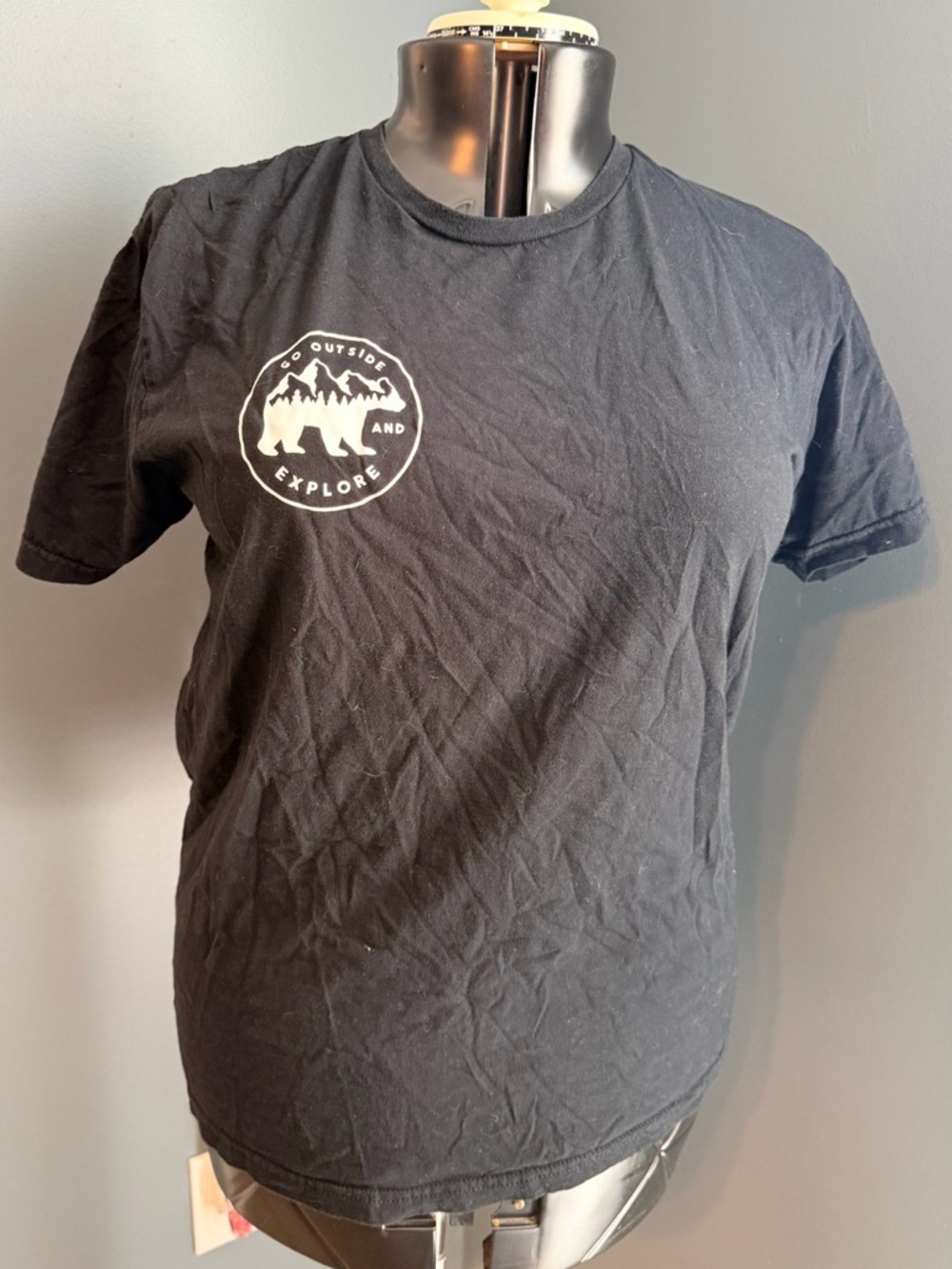 Soft Style Black Graphic Tee with White Bear & Mountain Emblem